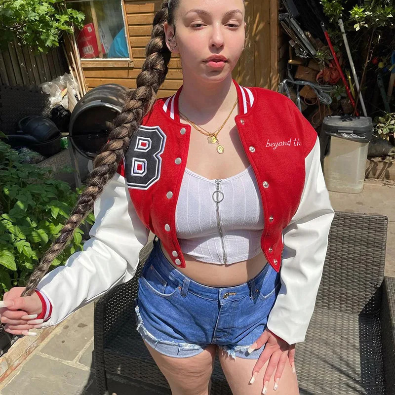 Patch short sleeved womens autumn casual letter printed button baseball uniform jacket Y2K fashion sportswear oversized 241028