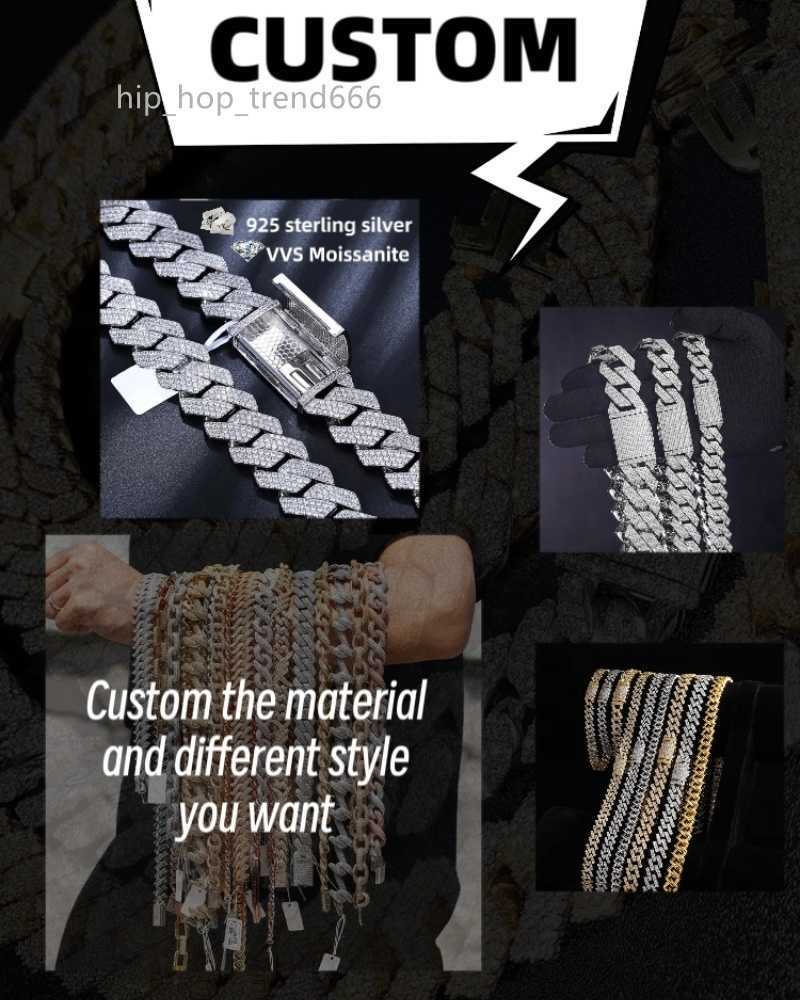 925 Sterling Silver 14mm/16mm/18mm Iced Out Miami Cuban Link Chain Pass Tester Hiphop VVS Moissanite Cuban Chain