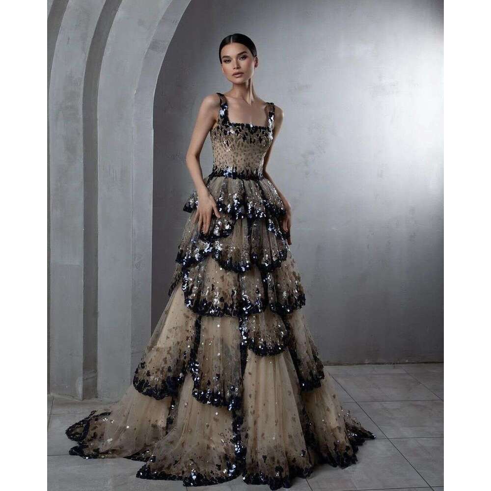 Dubai Evening Dresses Prom Gown Sparkly Sequin Tiered Ruffles Elegant Women Long Party Formal Gowns Vestido 6660311