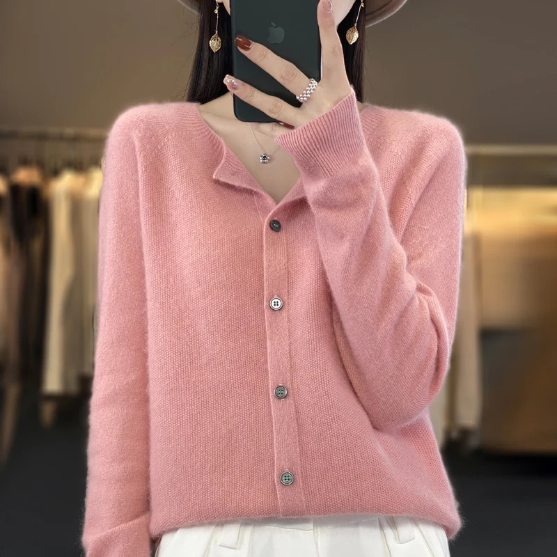 Long-sleeved womens sweater cashmere knit 100% pure merino wool cardigan O-neck cardigan sweater coat in spring and autumn. 241029