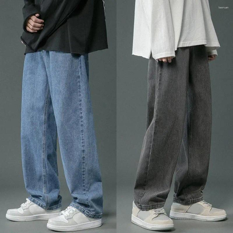 Mens Jeans Korean Casual Hip Hop Long Baggy Classic Man Straight Wide Leg Denim Pants Light Blue Grey Black Streetwear Trousers