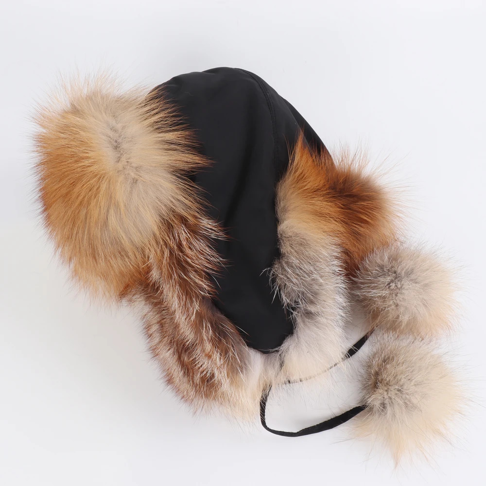 100% genuine fox fur womens Russian Wusanka pilot hunter snow skiing hat earmuffs winter womens fox fur bomber hat 241030