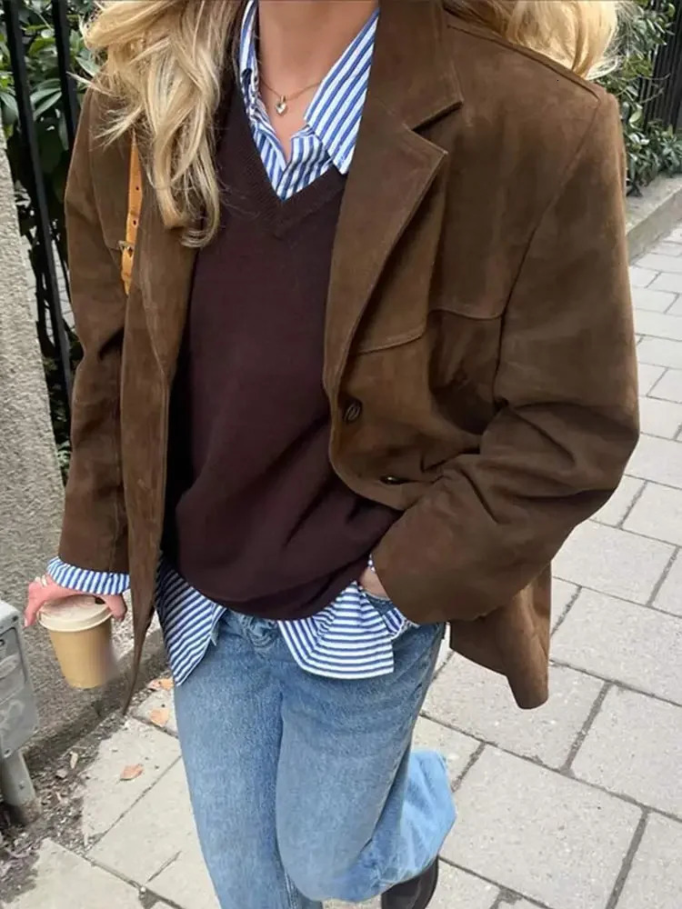 Casual Brown Lapel Pocket Suede Leather Jacket Fashion Woman Single Button Long Sleeve Crop Coat 2024 Lady Autumn Street Outwear 241029