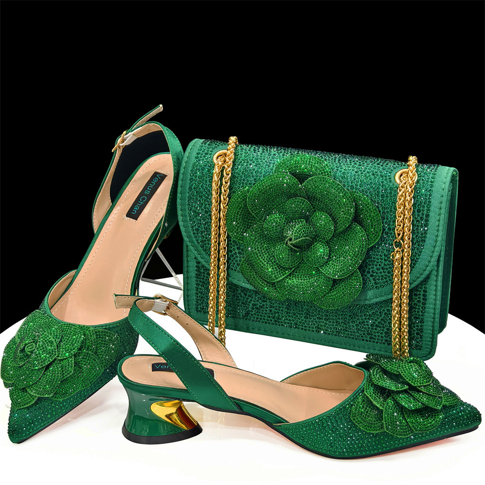 Pointed high heels paired with square shoulder bag with floral decoration for women's shoe bag set