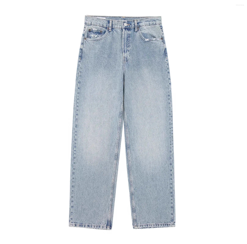 Streetwear Low Waisted Blue Straight Jeans For Women, Vintage Hole Loose Denim Pants