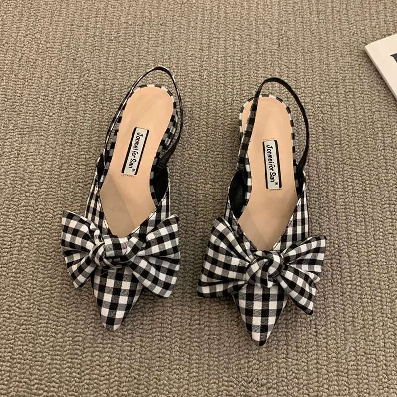 Women's Fashion Pointed Toe Bowknot Sgbac Pumps Plaid Polka Dots Heels Slip-on Small Heel Sandals Casual Thin Shoes