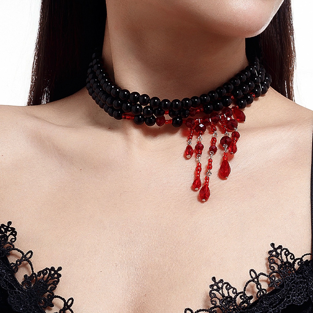 European and American Cross-border Jewelry Gothic Style Pearl Necklace Choker Halloween Blood Drop Tassel Crystal Collarbone Chain
