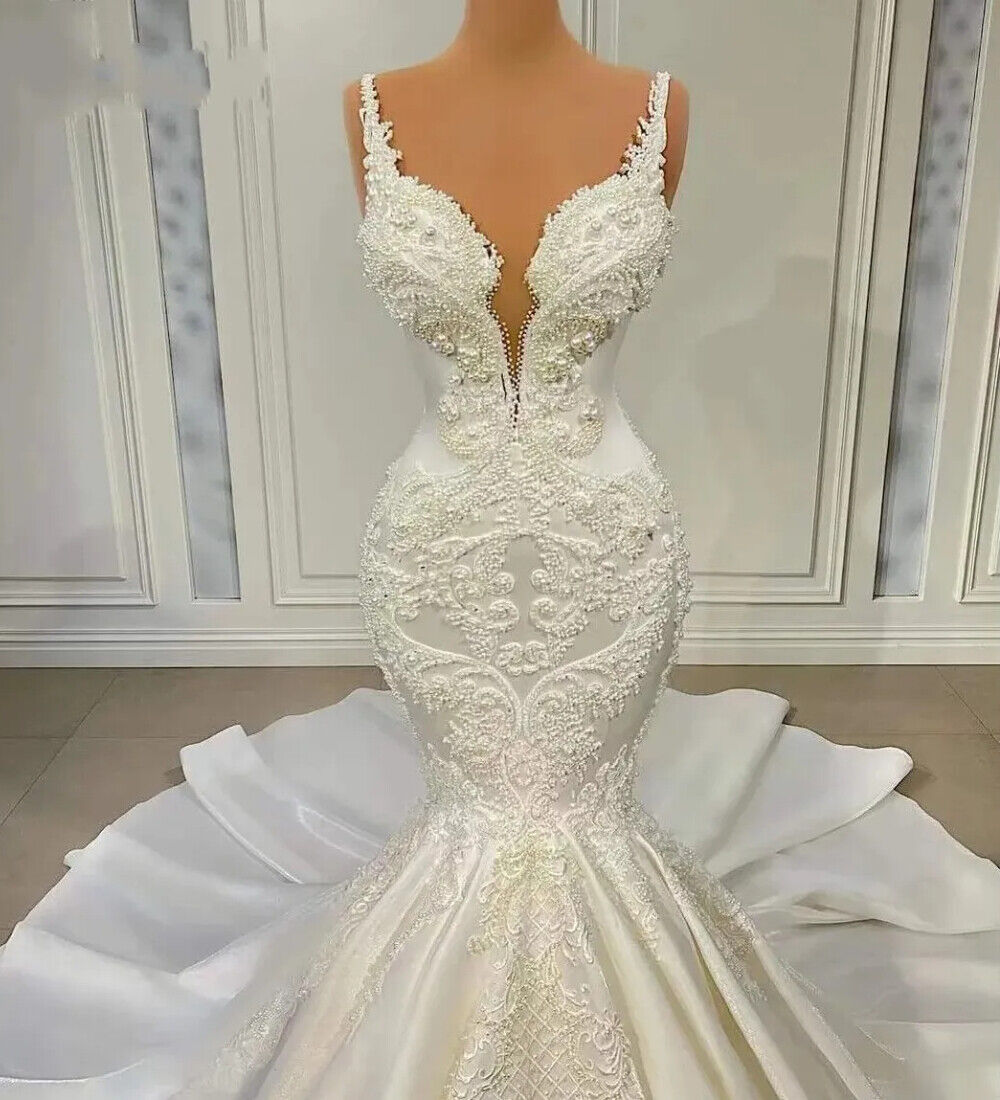 Luxury Beading Mermaid Wedding Dresses Spaghetti Straps Appliques Pearls African Bridal Gowns Plus Size Black Brides Vestido de Noiva