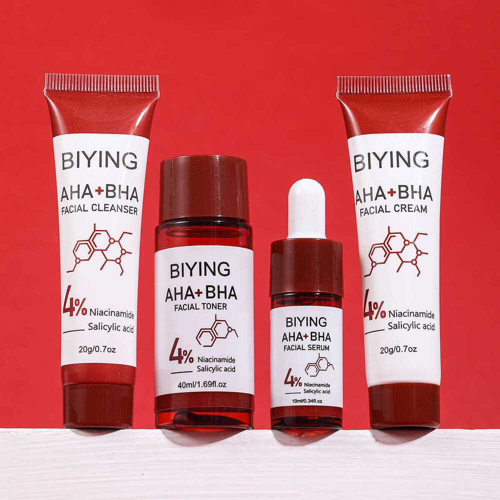 AHA+BHA Series Skin Care Set 4pcs Facial Toner Serum Cream Foam Cleanser Essentials Korean Beauty