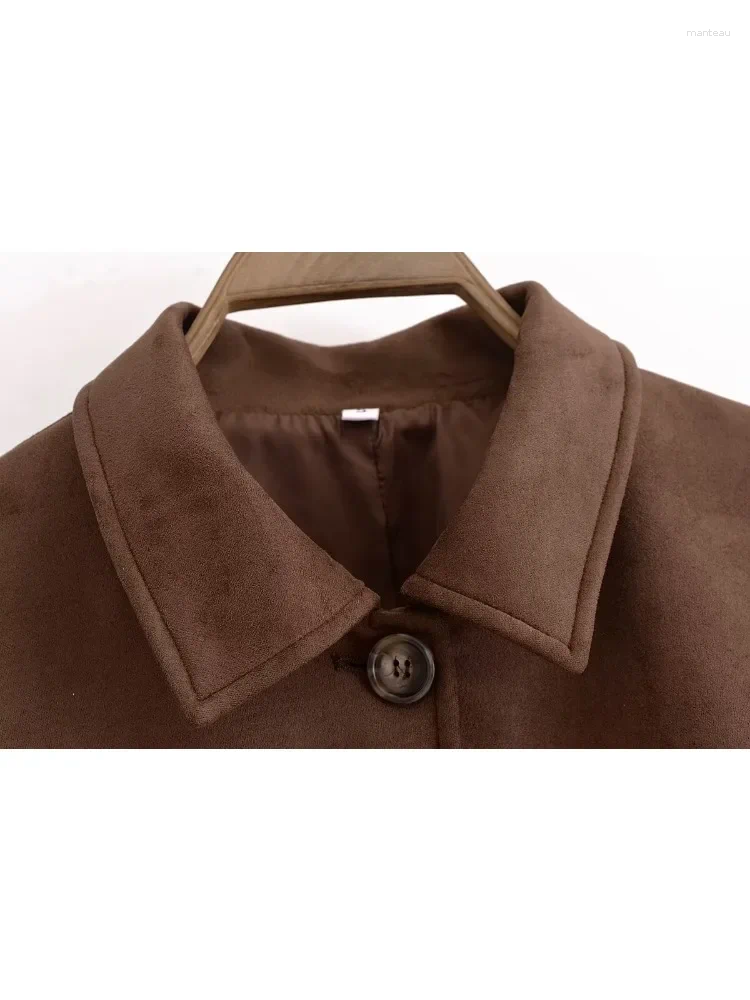 Women's Jackets Fashion Women Belt Suede Jacket Single Button Long Sleeve Crop Coat Casual Brown Lapel Pocket Leather 2024 Outwear