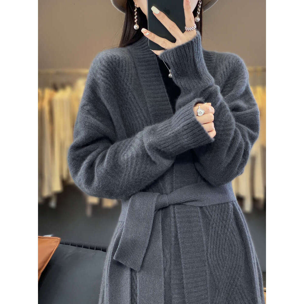 New Women Cashmere Sweater Autumn Winter Thick Long Cardigan 100% Merino Wool V-Neck Knitwear Female Soft Fashion Coat Top