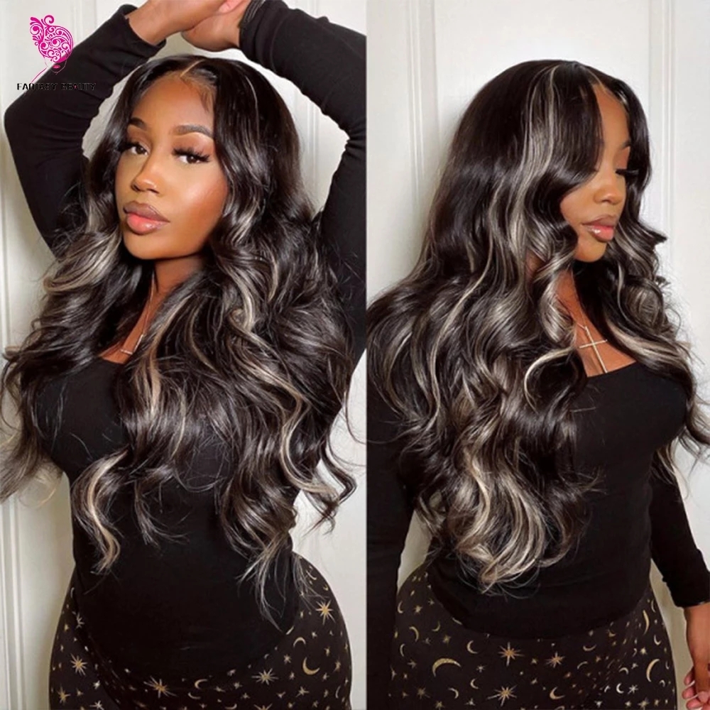 V Part Wig Body Wave Highlight Grey Glue No Leave Out Human Hair Gray and Black Ombre U part Wigs Beginner Friendly