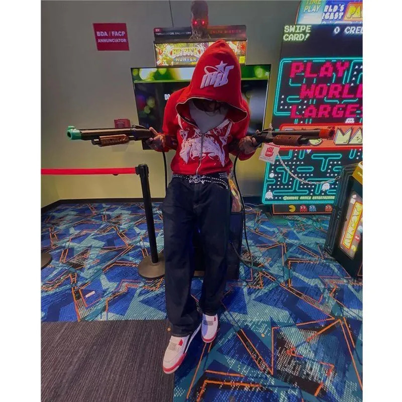 Y2K Cartoon Printed Hoodie Womens High Street Harajuku Retro Oversized Sportswear Womens Loose Casual Zipper Hoodie Top 241025