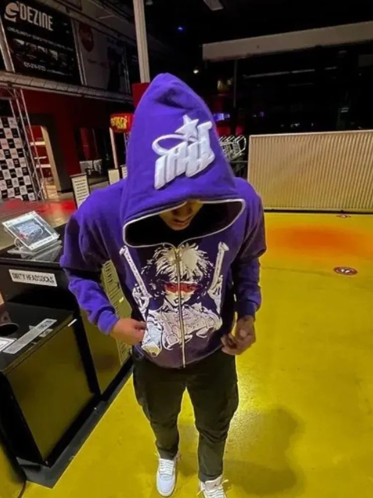 Y2K Cartoon Printed Hoodie Womens High Street Harajuku Retro Oversized Sportswear Womens Loose Casual Zipper Hoodie Top 241025