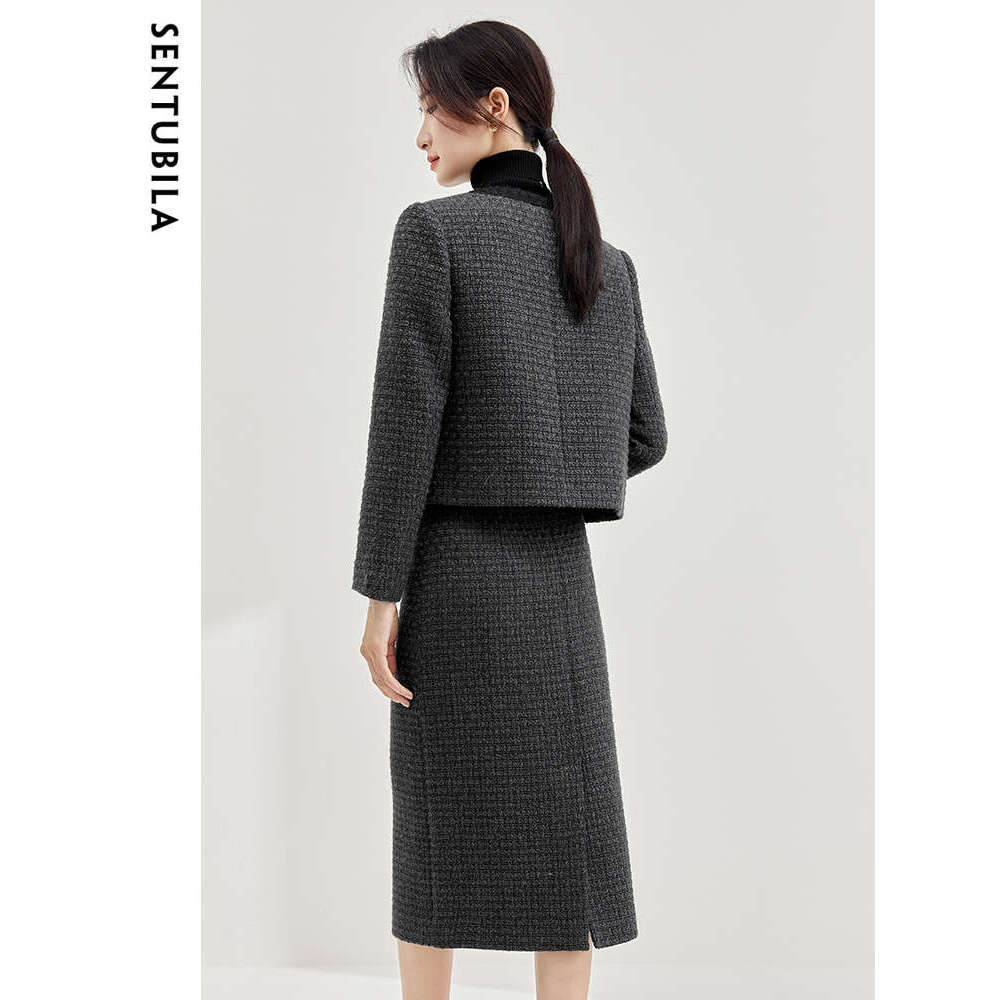 Vintage Set Women Outfits 2024 Hight Quality Wool Blend Jacket Lady High Waist Midi Skirt 2 Piece Sets 134Z50818