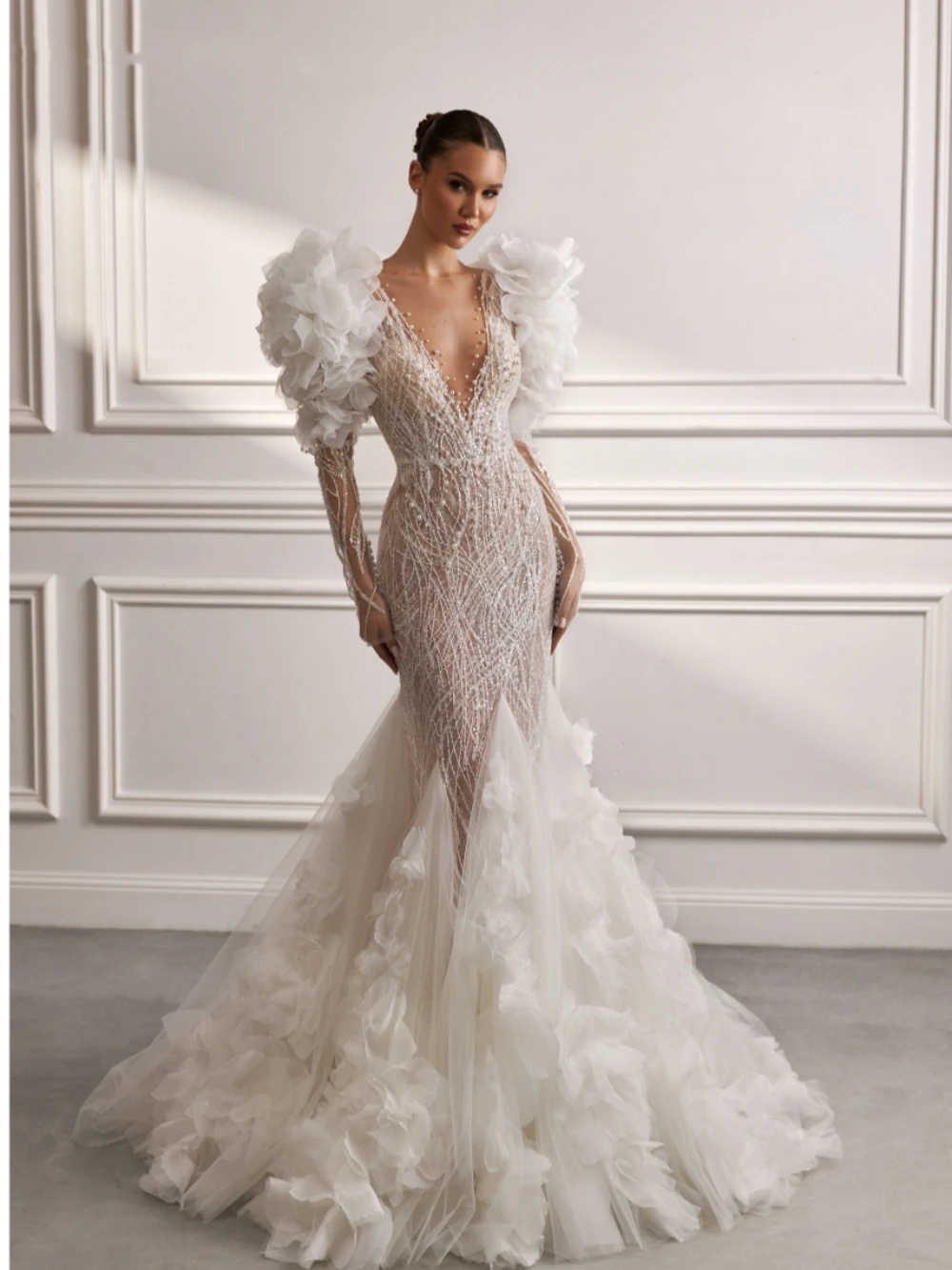 Ful Pearls Wedding Dresses Sequins Deep V Neck Bride Gown Ruffle Train Bridal Dress Illsuion Long Sleeves Custom Made Vestidos De Novia 0218