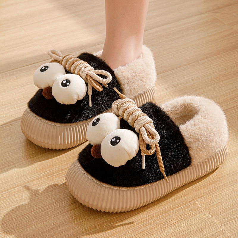 NEW hot 2024 New Large Eyes Veet Shoes for Women, Autumn and Winter Thick Bottom Warm Cartoon Versatile Bag with Rice White Cotton Slippers, Free Ship
