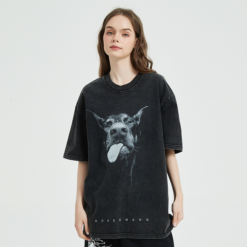 2023 Men Streetwear Hip Hop Oversized Funny Doberman Dog Graphic T Shirt Vintage Washed Black Tshirt Haruku Tee Cotton