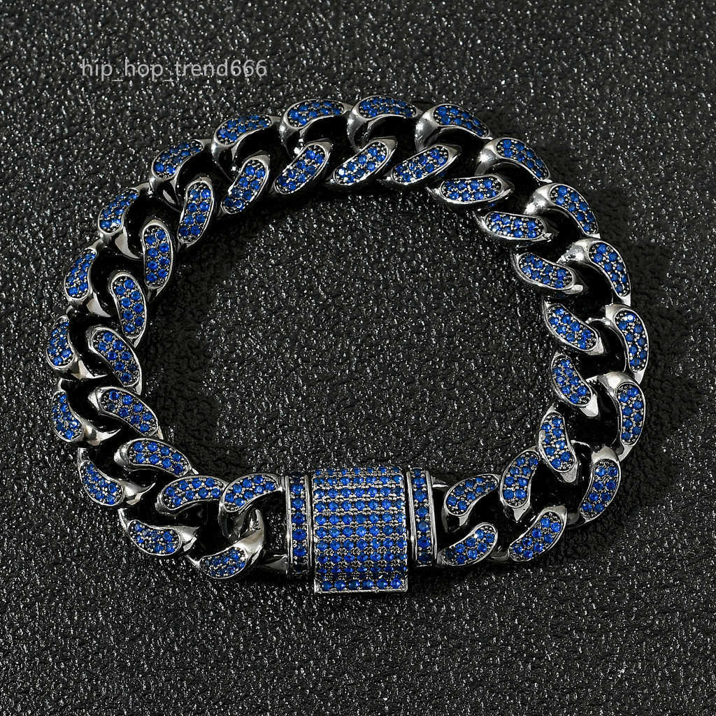 Hip-hop whale shark 12mm black plated Cuban blue moissanite full dia men boy iced out necklace chain