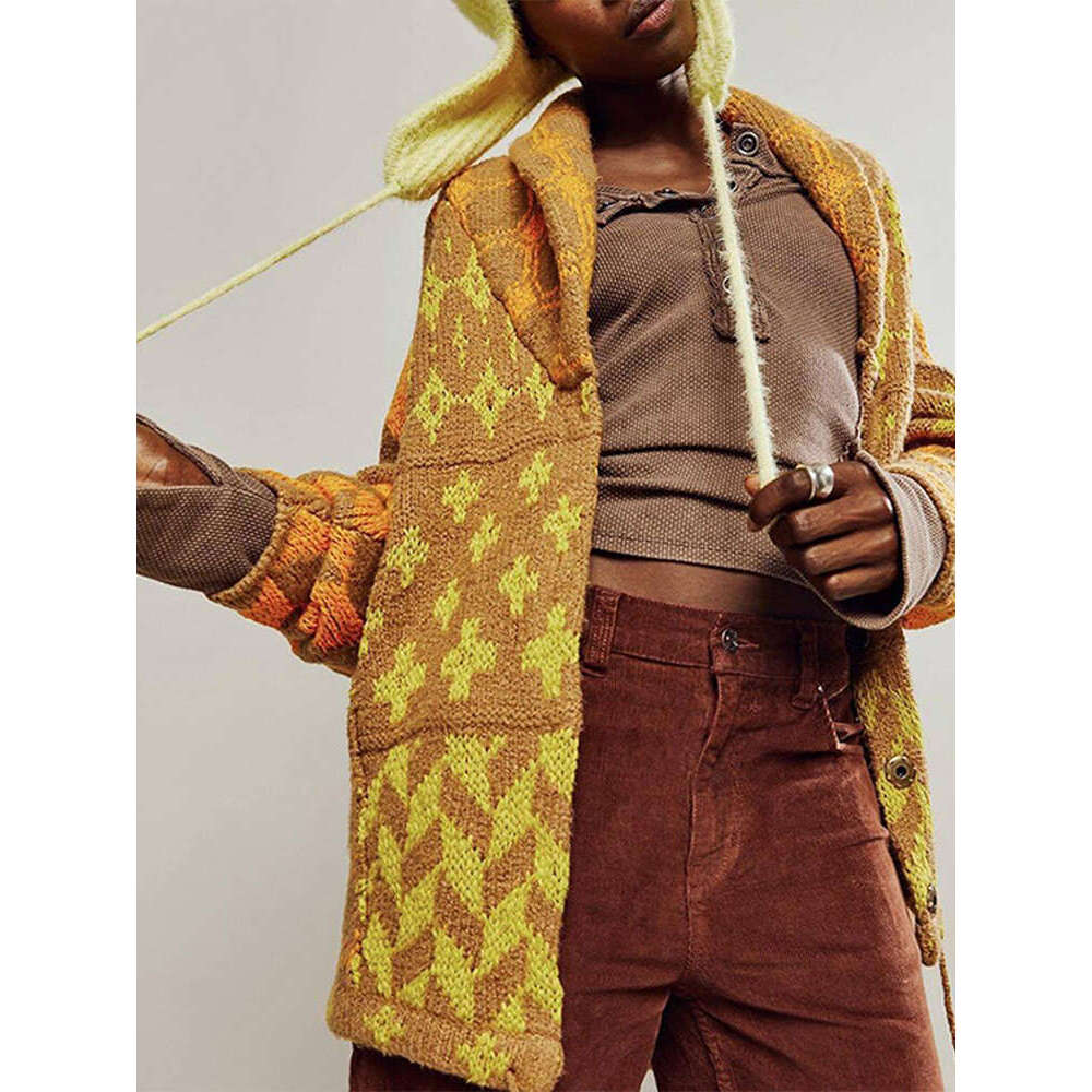 Women Print Knit Sweater Vintage Loose V-Neck Long Sleeve Cardigan Female Single-Breasted Jacket 2024 Autumn New Lady Outwears