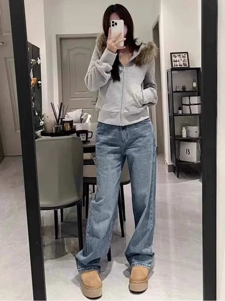 Retro fur patch work hoodie Grunge zipper hoodie womens casual fully matched Korean pocket jacket Y2k aesthetic gray sweatshirt 241025