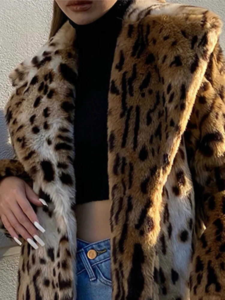 UCXQ Winter Long Warm Thick Leopard Pattern Fluffy Artificial Fur Coat Womens Tiger Printed Runway Loose Clothing Womens Edition 241029