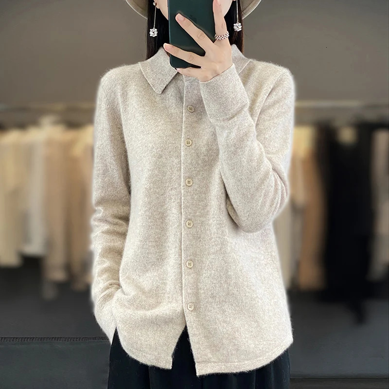 100% Mink Cashmere POLO Collar Womens Sweater Cardigan Solid Color Thick warm Cardigan Sweater For Women Autumn/Winter 241029