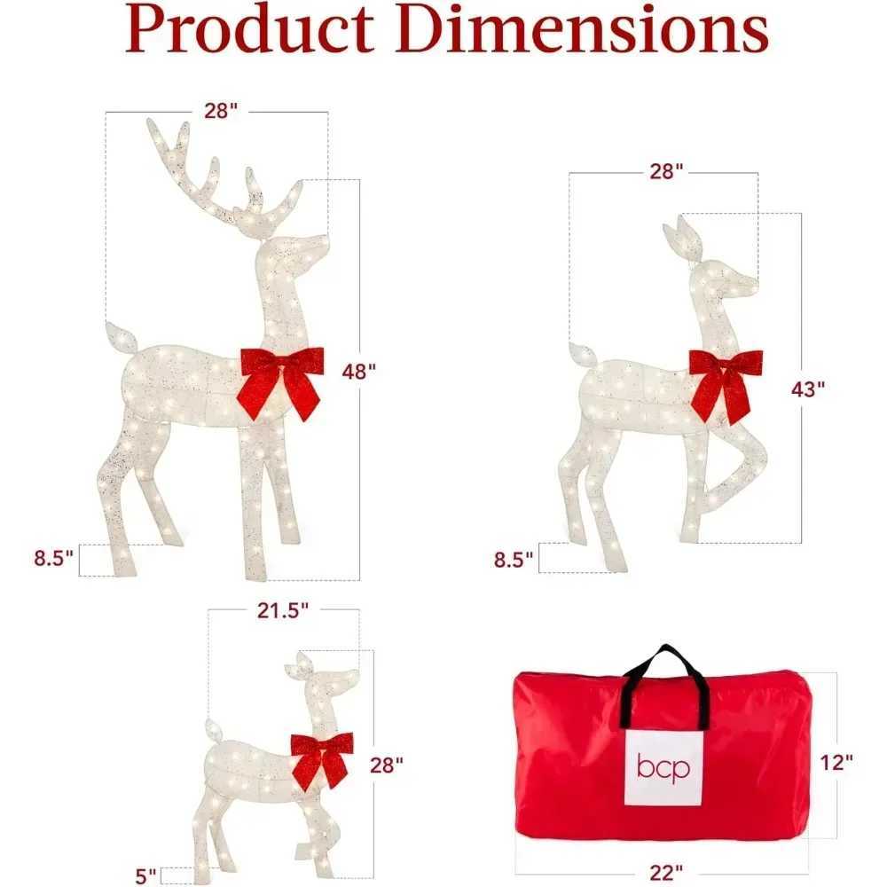 4-foot 3-piece Set of 2D Luminous Christmas Deer Outdoor Reindeer Decoration 175 LED Lights Wooden Stakes Zippers - WhiteXJ241026
