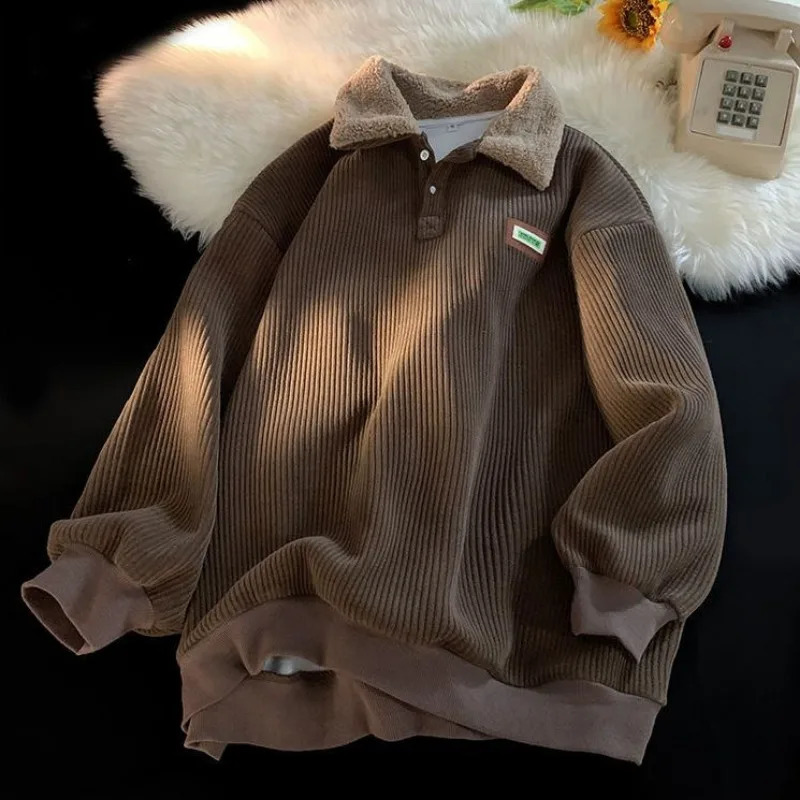 Mens Corduroy Polo Shirt Sweater Womens Autumn Winter Fleece Thick Coat Turndown Collar Buttons Long Sleeves Warm Tops 241029 - view 6