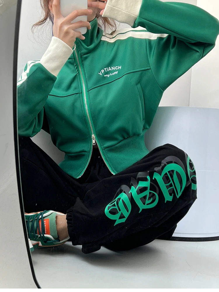 Autumn Double Zipper Baseball Crop Jacket Womens Coat Embroidered Stripe Green Black White Blue Zipper Sports Coat 241030