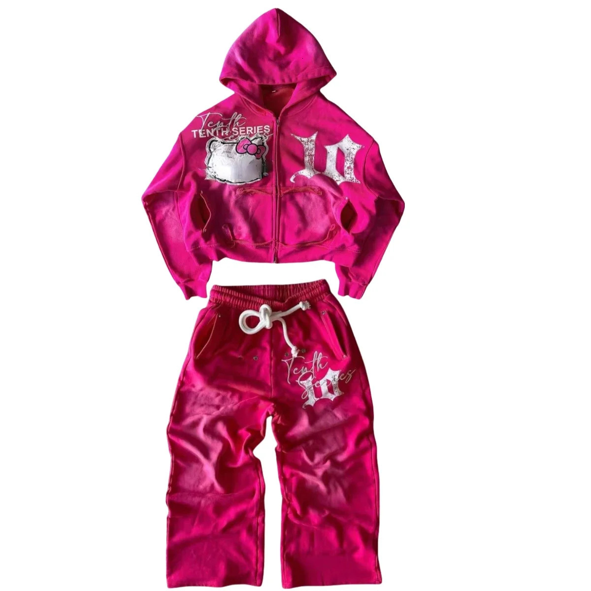 Zipper Hoodie Y2K Clothes Gothic Cartoon Embroidered Letters Pink Loose Hoodie Sweatshirt 2 Piece Sets Womens Outfits Streetwear 241029