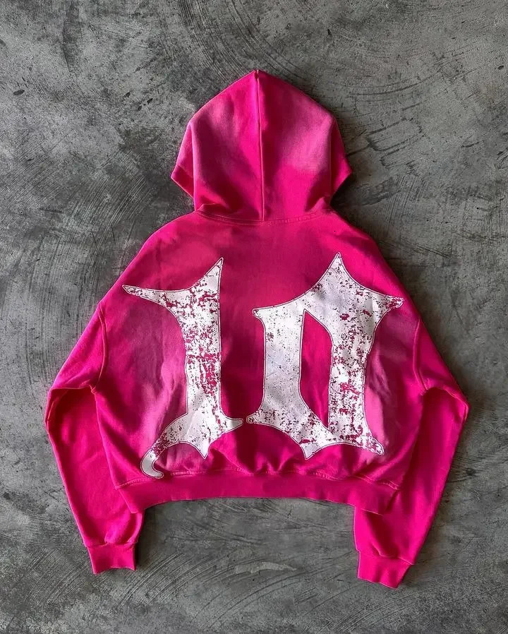 Zipper Hoodie Y2K Clothes Gothic Cartoon Embroidered Letters Pink Loose Hoodie Sweatshirt 2 Piece Sets Womens Outfits Streetwear 241029