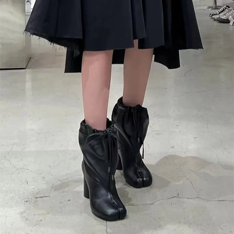 Ins Style Fashion Split Toe Tabi Women Ankle Boots Autumn Winter Real Leather Thick High Heels Booties Casual Chunky Shoes