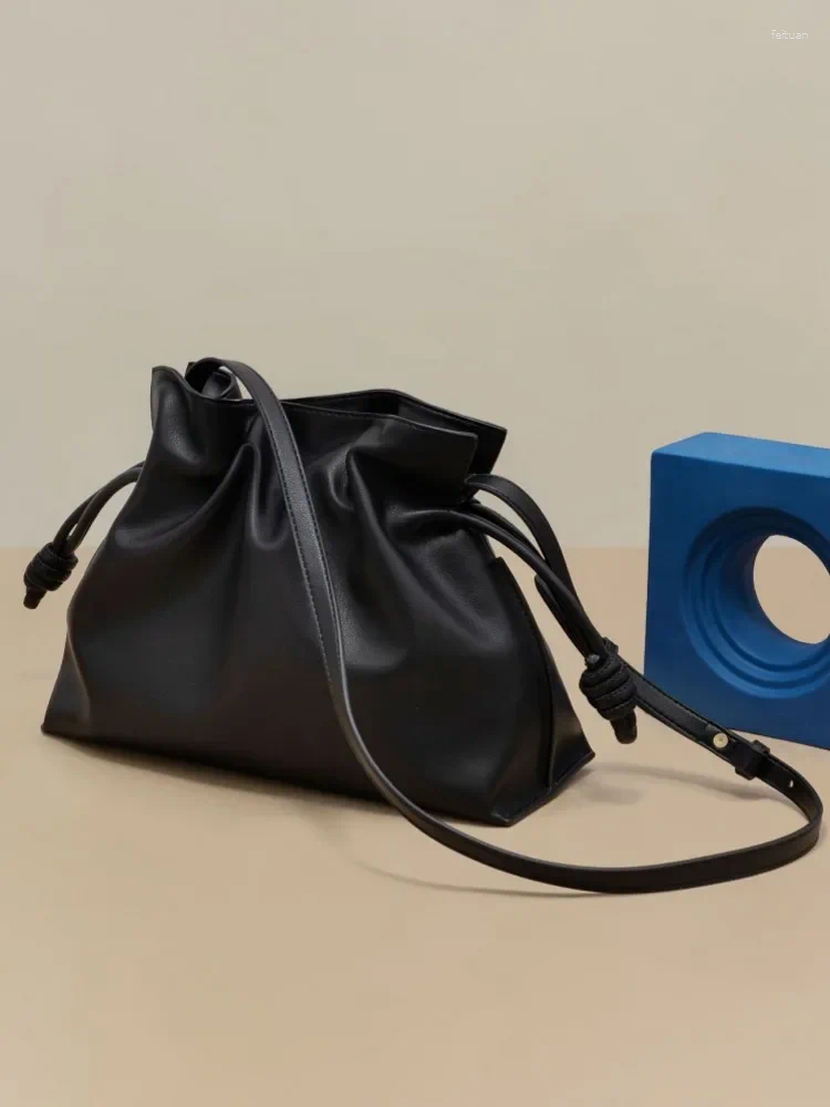 Drawstring Women Casual Large Capacity Bucket Bag Ruffles String Cow Split Leather Shoulder Female Strap Shopping Crossbody Bags Brown 23f1 4