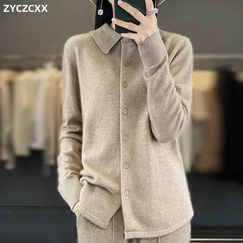 100% Mink Cashmere POLO Collar Womens Sweater Cardigan Solid Color Thick warm Cardigan Sweater For Women Autumn/Winter 241029