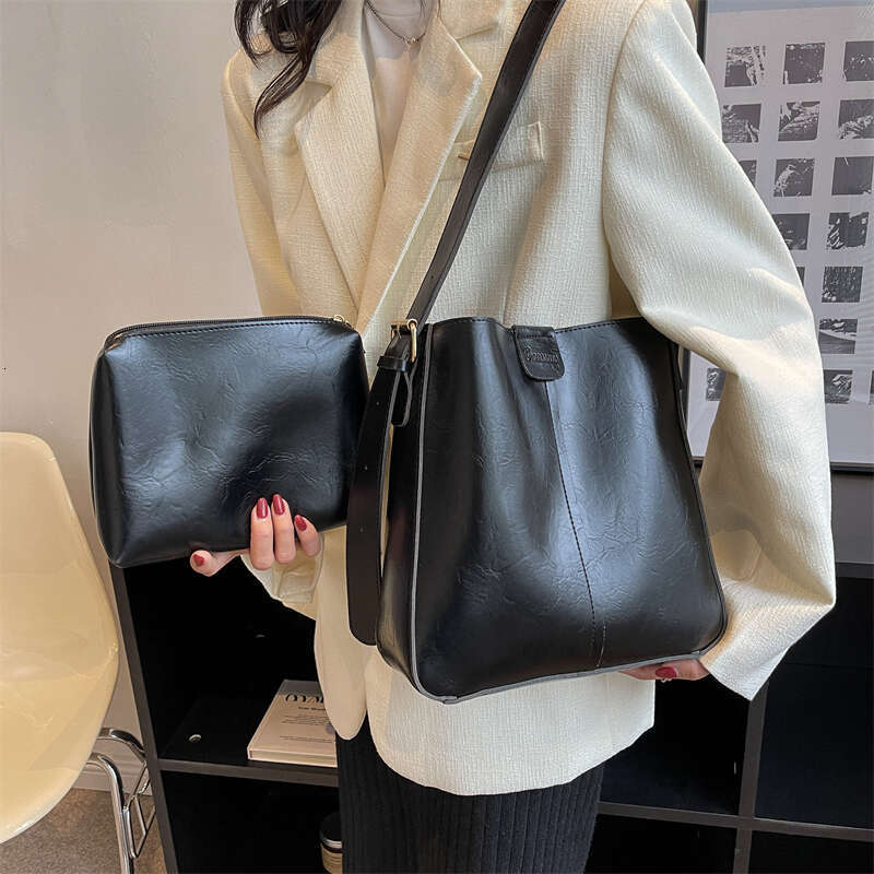 Retro Shoulder Tote Bag Set For Women Wide Strap Soft PU Leather Crossbody Bags With Small Purse Large Capacity Shoppers