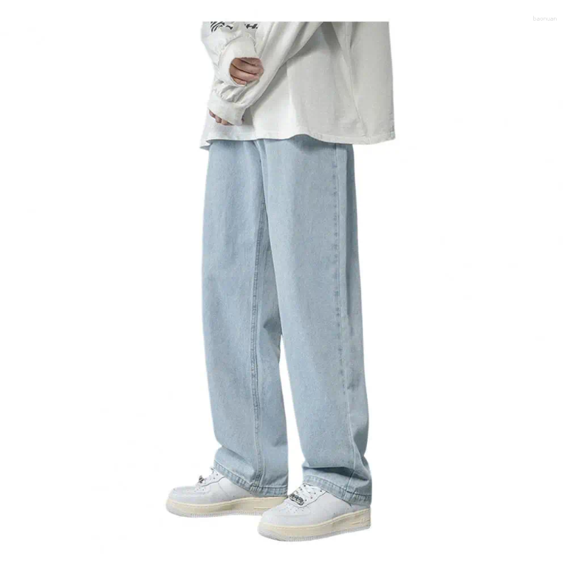 Mens Jeans Korean Casual Hip Hop Long Baggy Classic Man Straight Wide Leg Denim Pants Light Blue Grey Black Streetwear Trousers