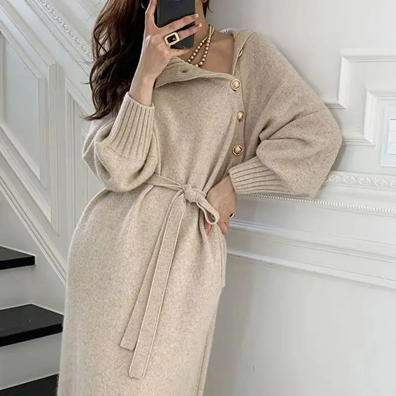 Autumn and winter pullover style French temperament paired sweater inside long over the knee bottom knit dress women 241029