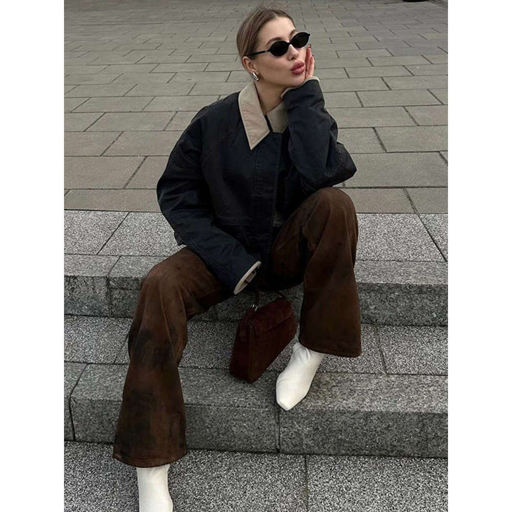 2024 New Women's Cargo Jackets Vintage Long Sleeve Patchwork Outwear With Pocket Street Style Punk Loose Casual Top Coats