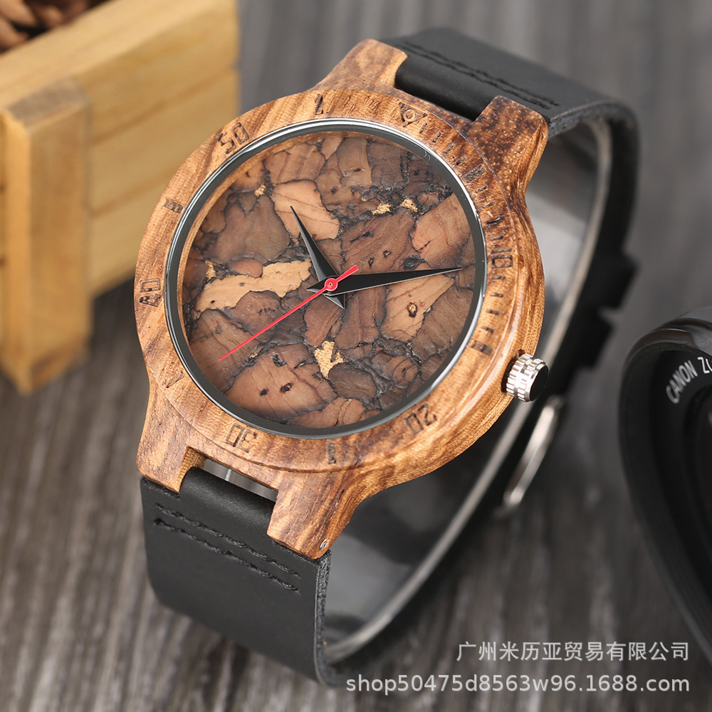 Wooden Watch Men's Unique Cork Slag/Broken Leaves Face Dial Clock Wood Quartz Clock Male Women Genuine Leather Band Wristwatches LY191213
