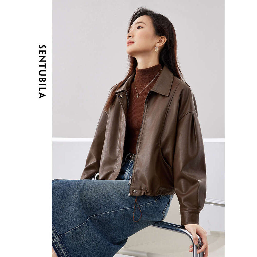 Pu Leather Cropped Bomber Jacket Women Female Short Outerwear 2024 Spring Coffee Lapel Full-Zip Solid Jackets W41g527