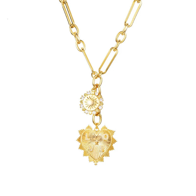 Sun heart-shaped pendant necklace sweater chain necklace suitable for women Gils gold-plated multi pendant short and chubby chain hip-hop 241030
