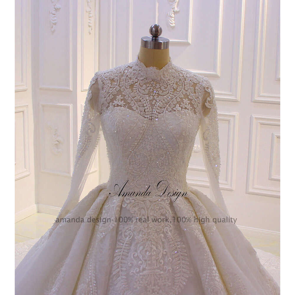 Amanda Design bouquet mariage High Neck Long Sleeve Lace Appliqued Muslim Wedding Dress