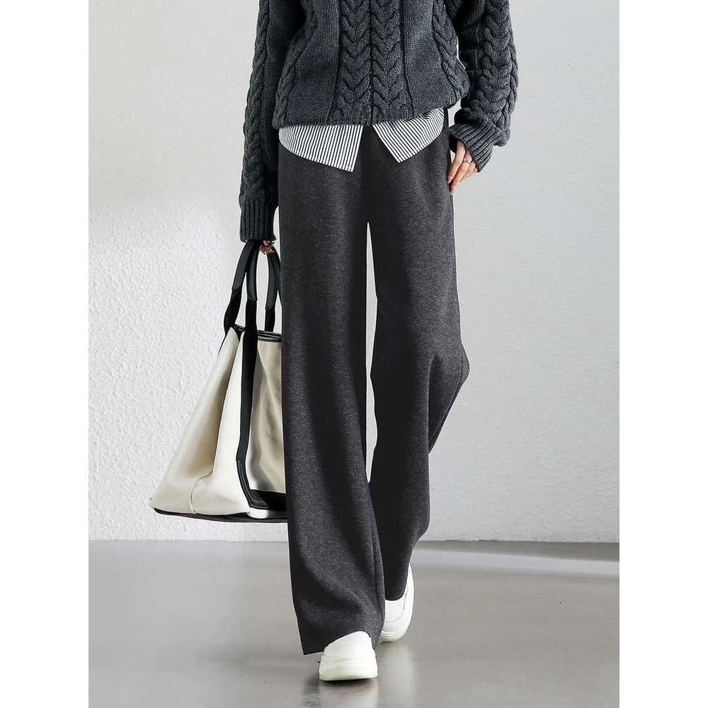 Casual Straight Wool Pant Women Thick Warm High Waisted Full Length Knitted Sweatpant Winter 2024 Clothes 144K56338