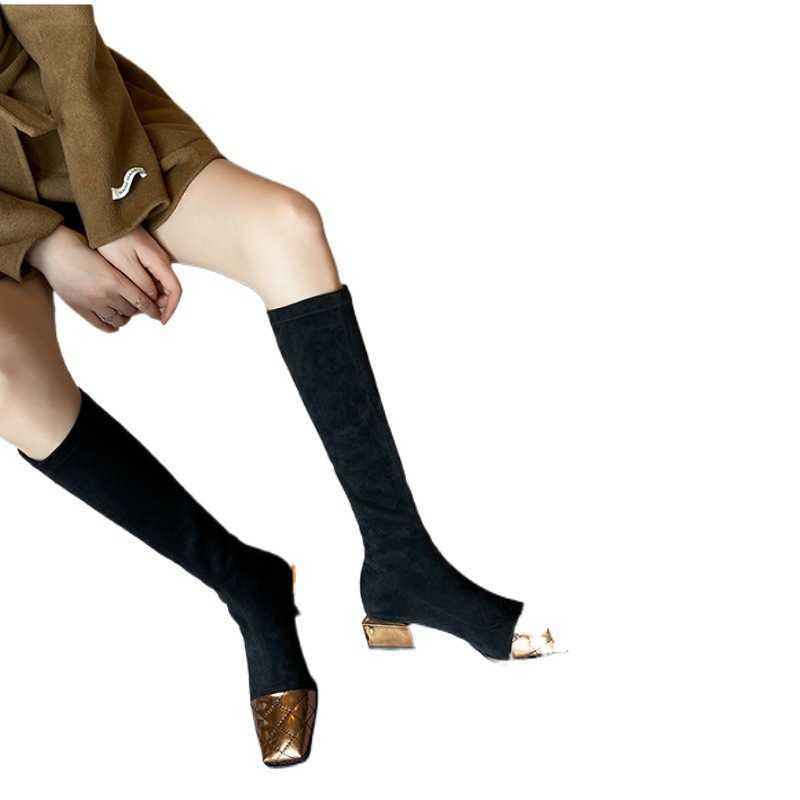 CMM Autumn and Winter Elastic Boots Square Toe High Top Fashion Boots Womens Mid Heel Patchwork Knee Boots Thick Heel Long Boots for Women