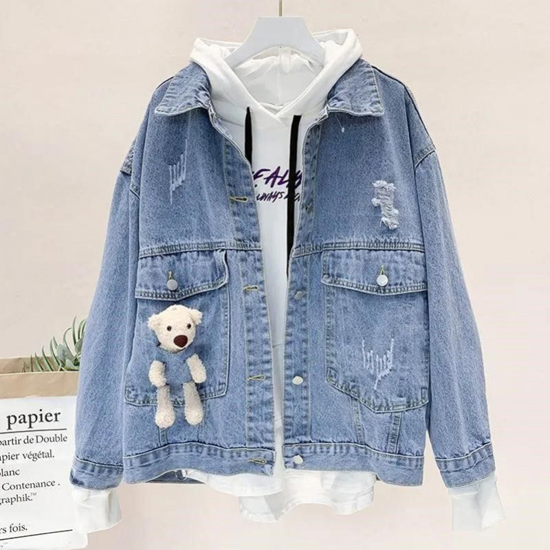 Plus Size Women's Loose Cotton Denim Jacket Section Fashion Embroidery Pattern Lapel Blue winter Denim Coat Woman XL 201023