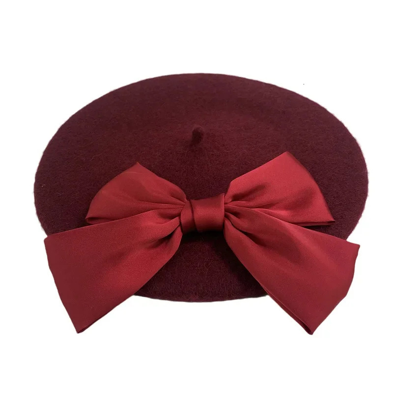 Japanese Wool Big Bow Beret Female Korean Version Autumn and Winter Wild Retro for Feeling Painter Hat 241009