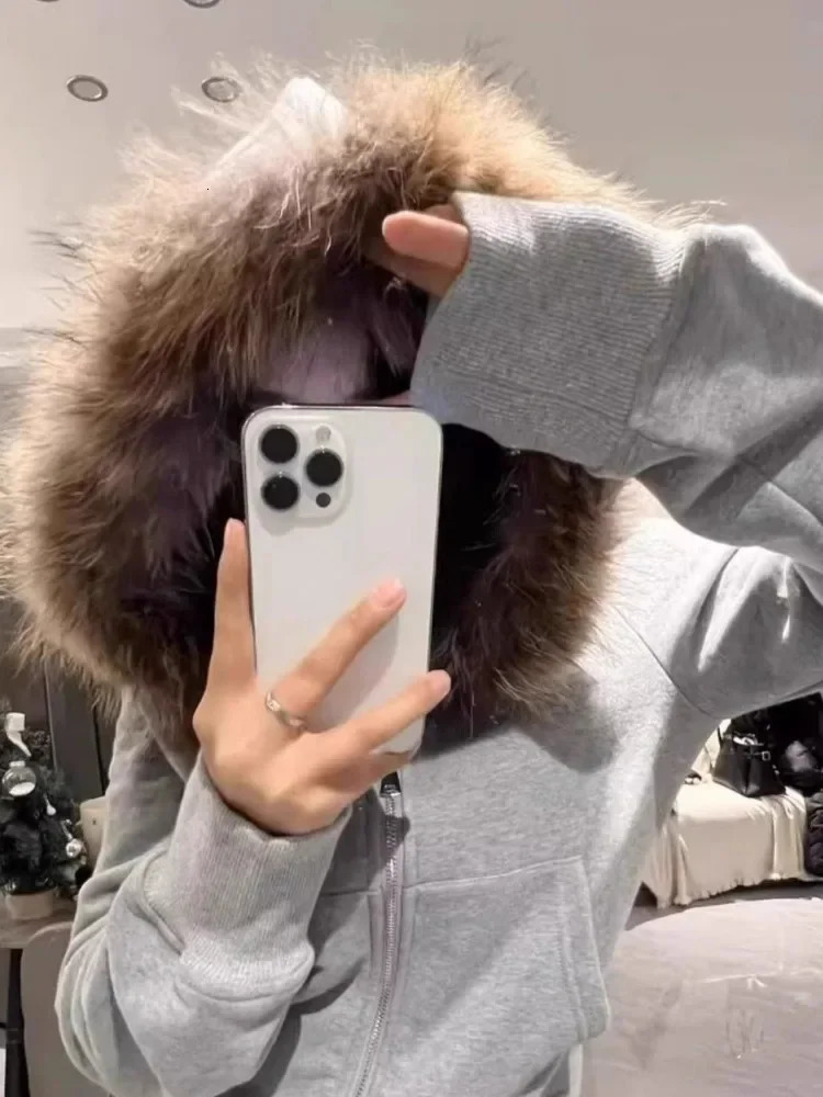 Retro fur patch work hoodie Grunge zipper hoodie womens casual fully matched Korean pocket jacket Y2k aesthetic gray sweatshirt 241025