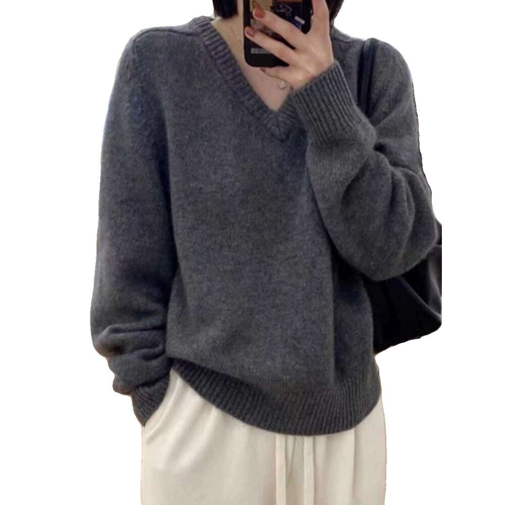 European Goods High-End 100% Cashmere Women Autumn And Winter Loose Soft V-Neck Bottom High-Grade Knit Sweater