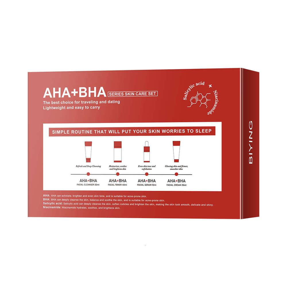 AHA+BHA Series Skin Care Set 4pcs Facial Toner Serum Cream Foam Cleanser Essentials Korean Beauty